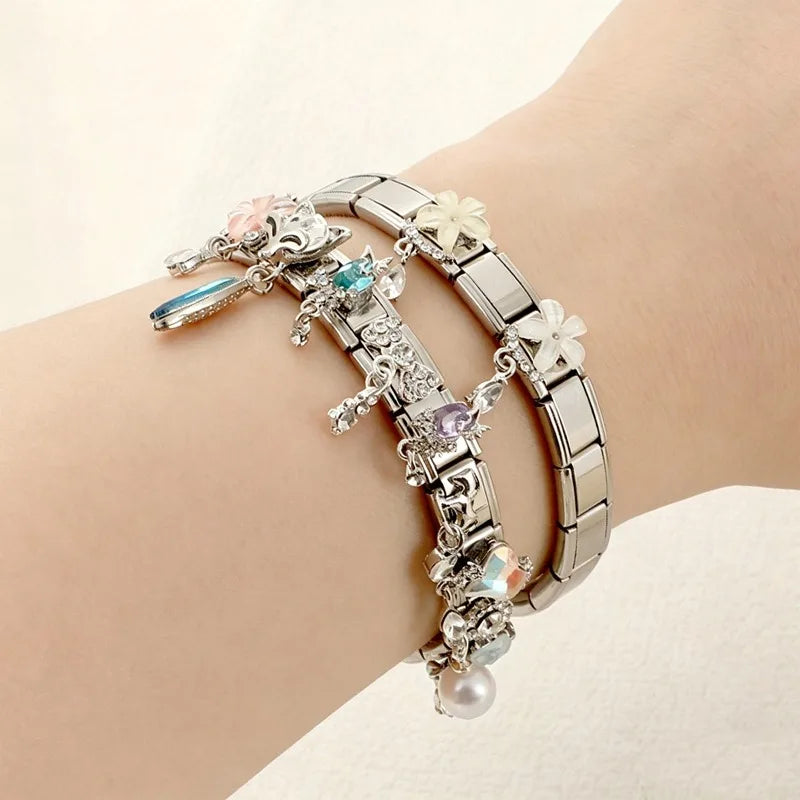 Shiny Round Pearl Zircon Flower Crystal Heart Italian Charm Links Fit 9mm Stainless Steel Bracelet Women Jewelry DIY Making Gift Qme