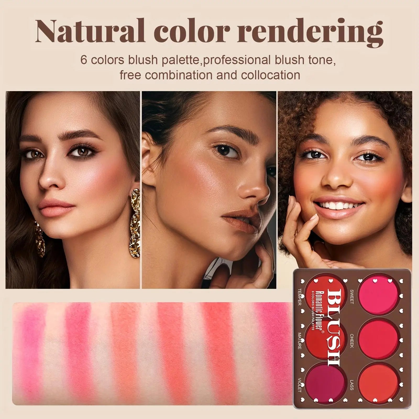 6 Colors Waterproof Matte Blush Palette Medium Buildable Coverage Long-Lasting Natural Finish Suitable for All Skin Types Qme