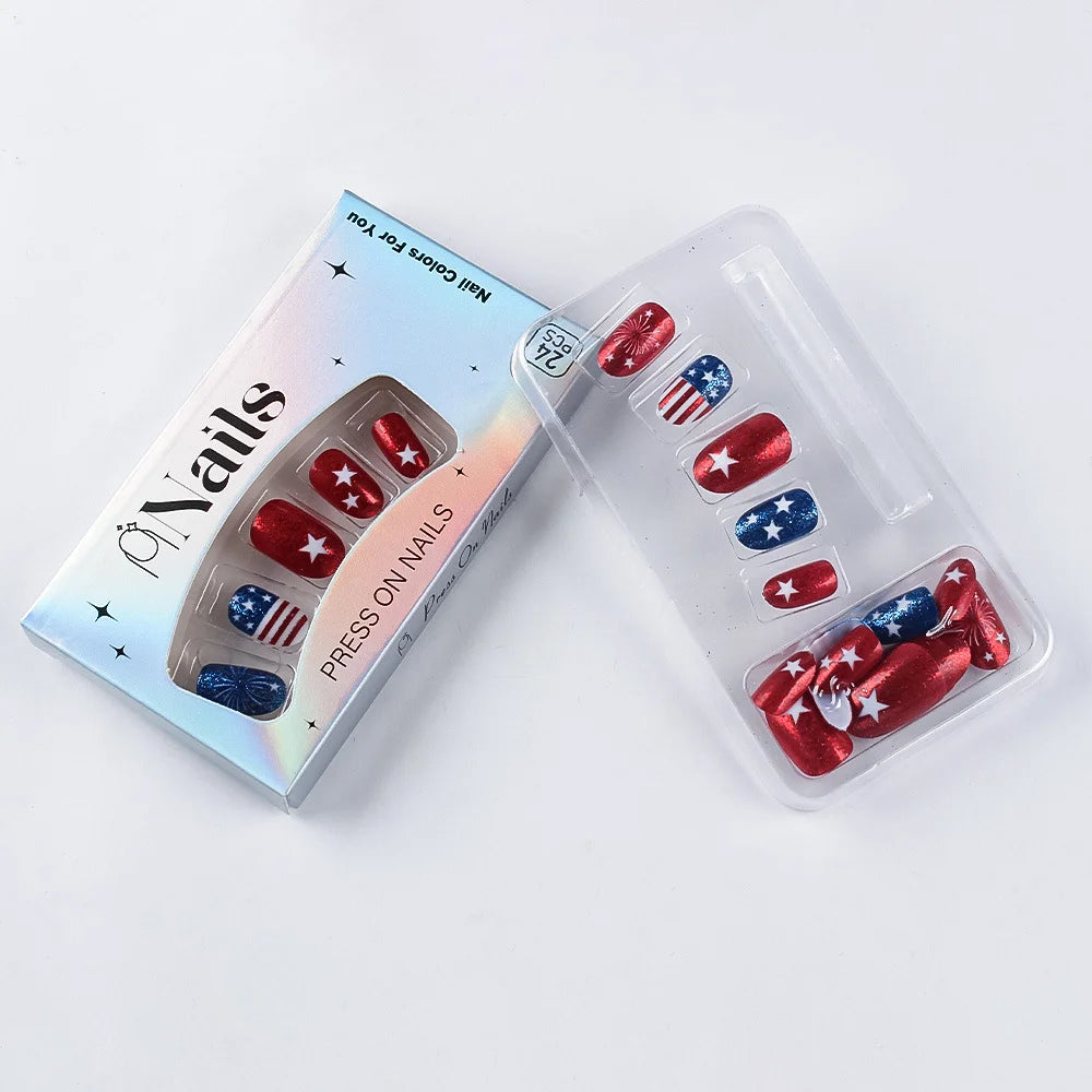 Independence Day Short Oval Nail Tips Glitter Star Firework Press On Nails Removable Reusable Fake For Women Daily Party Qme
