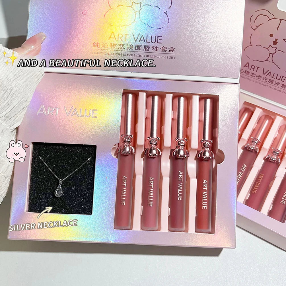 4Pcs Lipgloss Liquid Lipstick Long Lasting Moisturizing Makeup Mirror Lip Glaze Set With Necklace Lip Tint Cosmetics For Women Qme