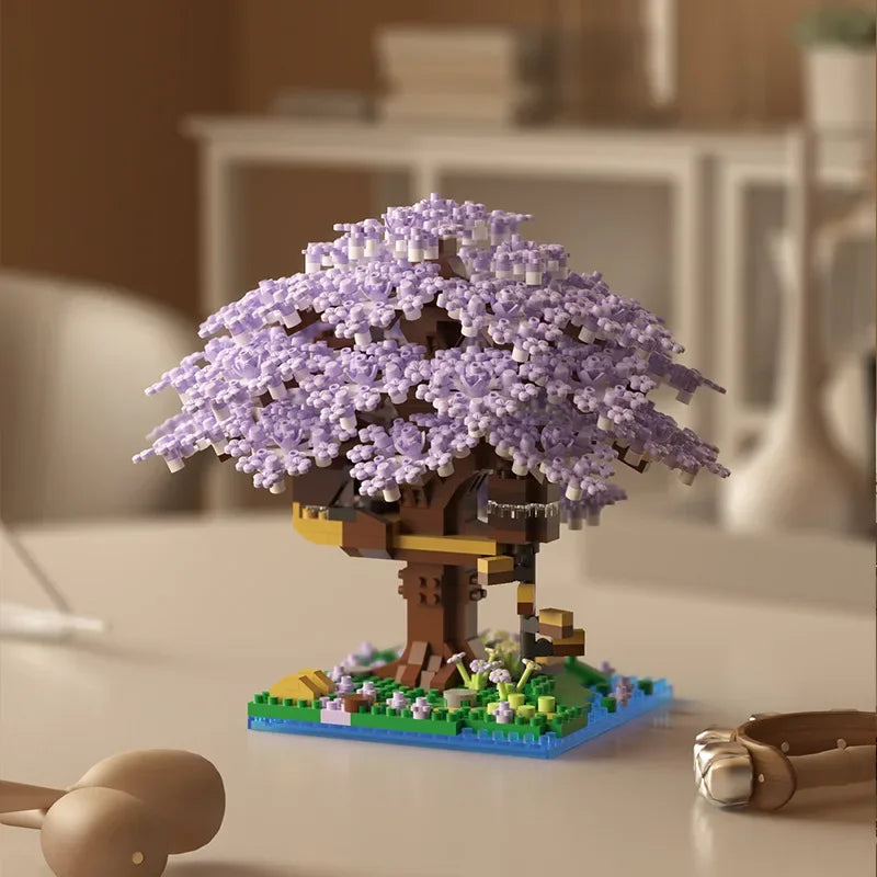 DIY Discoloration Cherry Blossom Flower Pink Tree House Train Assembly Building Blocks Classic Model Bricks Sets Kid Boy Girl Qme