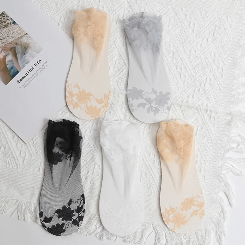 5 Pairs Lot Socks Breathable Elastic Women's Lace Transparent Qme E- 5 pairs