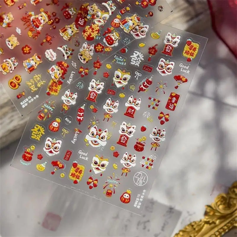 Cute Chinese Year Horse Lion Dance Bow Nail Art Print Stickers Lucky Qme A3