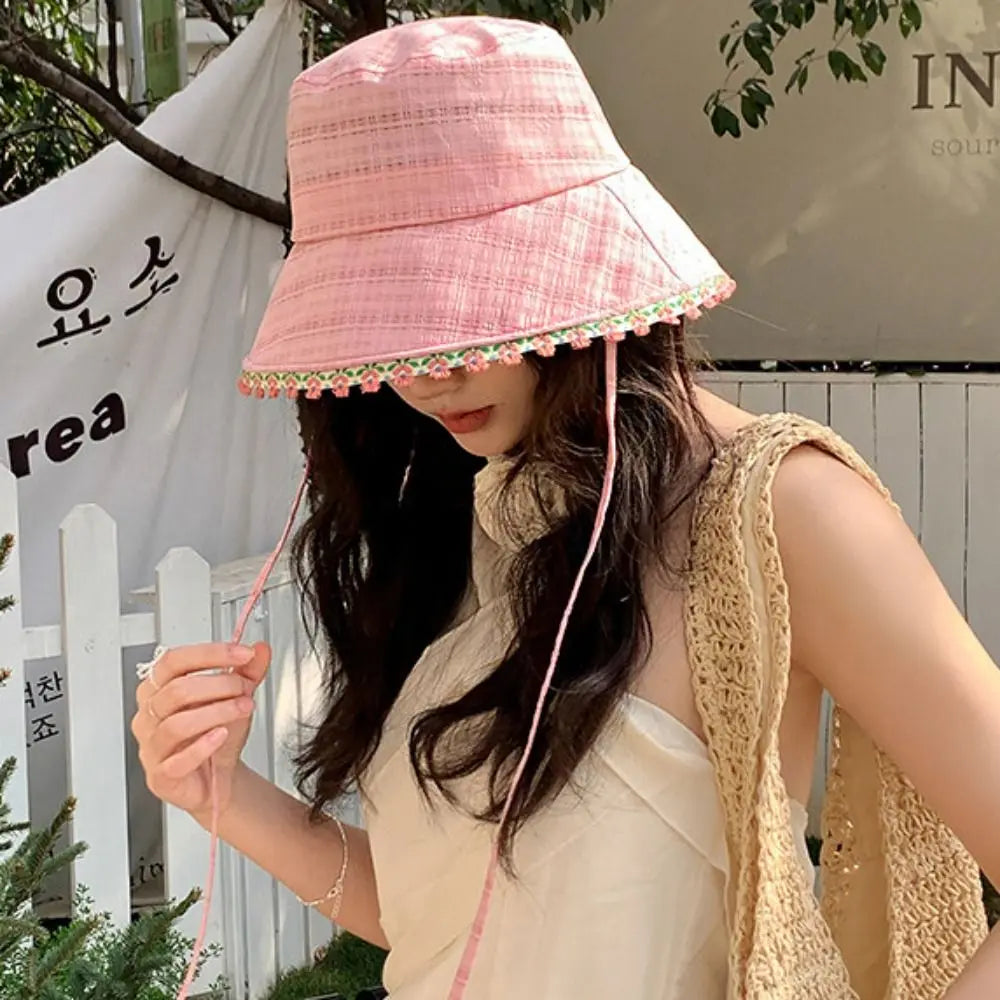 Fashion Lace Up Women Fisherman Hat Plaid Solid Color Summer Sun Hat Sun Protection Breathable Lace Flower Bucket Hat Camping Qme
