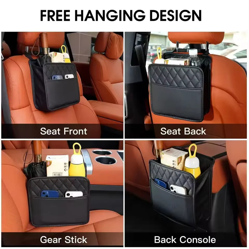 Car Seat Back Leather Organizer Bag Multi-Functional Storage with Garbage Can & Trash Bag Holder for Most Cars Qme