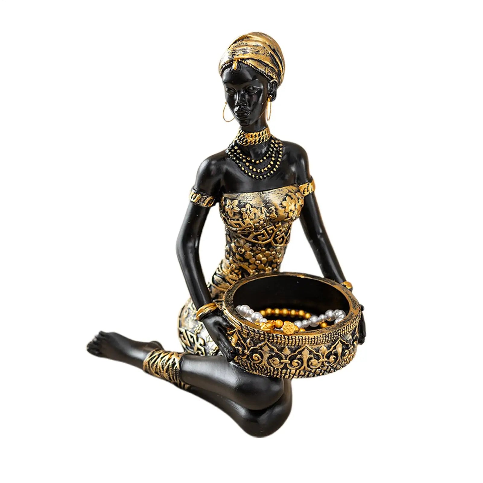 African Figurines Resin Table Storage Organizer African Woman Statues Storage Holder for Candy Jewelry Ring Key Earring Home Qme