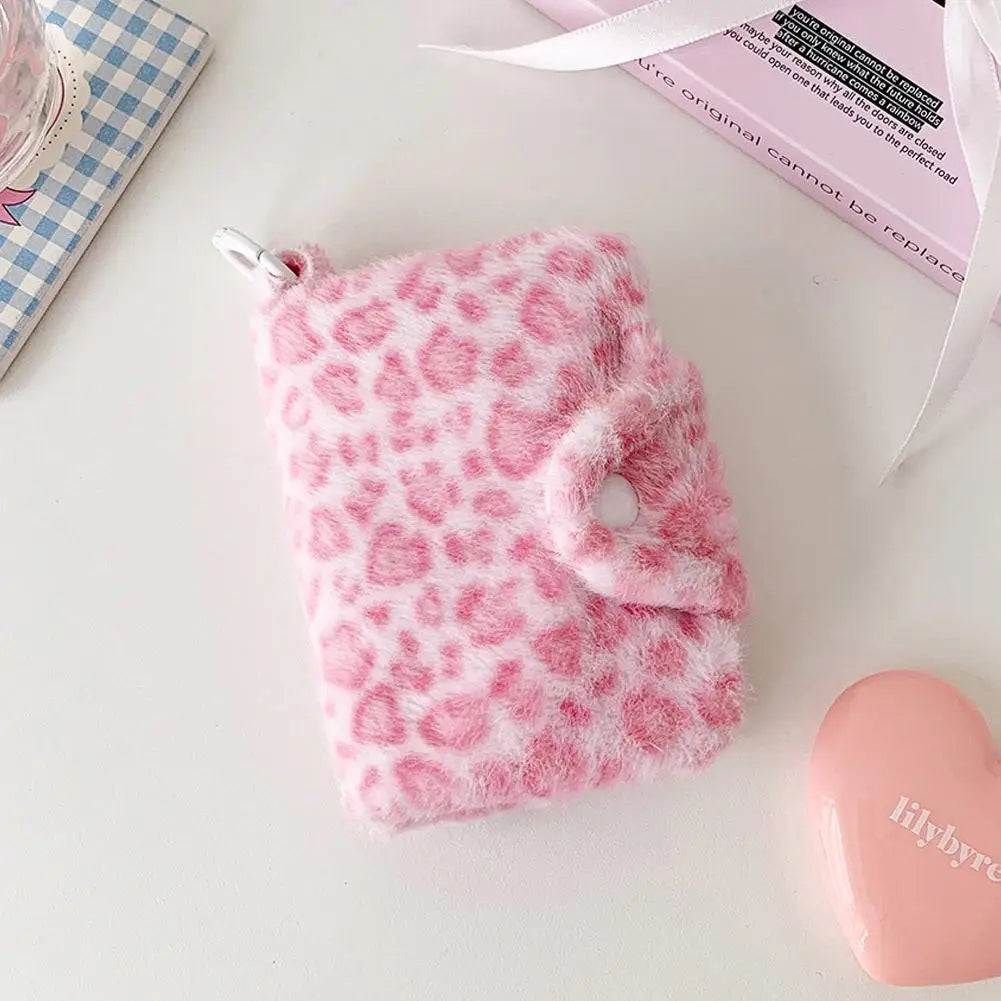 Leopard Print Coin Purse Plush Snap Closure Mini Wallet for Girls Portable ID Card Holder Coin Bag Small Clutch Pocket Wallet Qme Pink