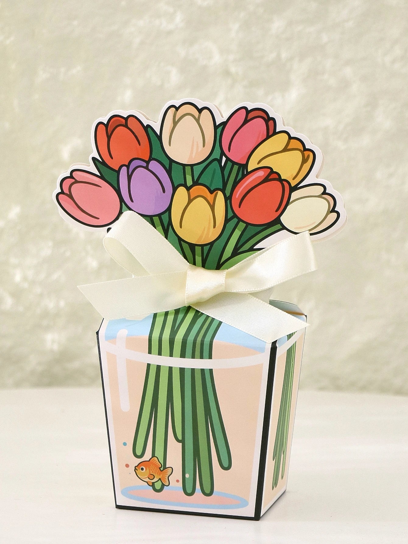 10 Creative 3D Tulip Bouquet Gift Boxes, Romantic Rose Teddy Bear Bouquet Gift Boxes, Hand-Painted Transparent Vases Decorated with Fish-Shaped Patterns, Paired with Off-White Satin Ribbon Bows, Holiday Party Tabletop Decorat Qme Yjx-10Pcs