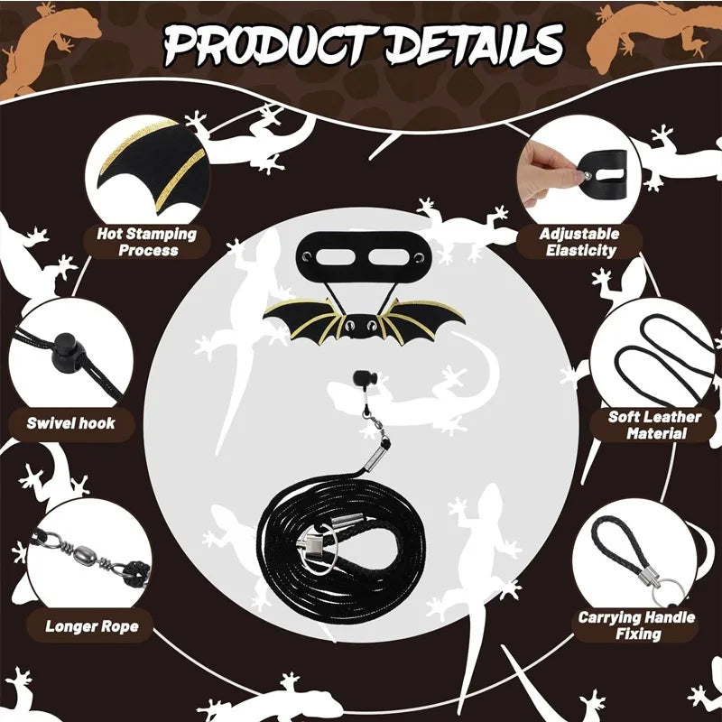 Adjustable ambergris harness, 3 sizes of leather wings, suitable for safe walking of ambergris reptiles on tree leaves Qme