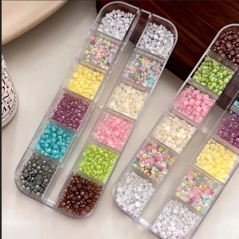 DIY Nail Art 12 Grids Colorful Pearl Half-round Beads Qme