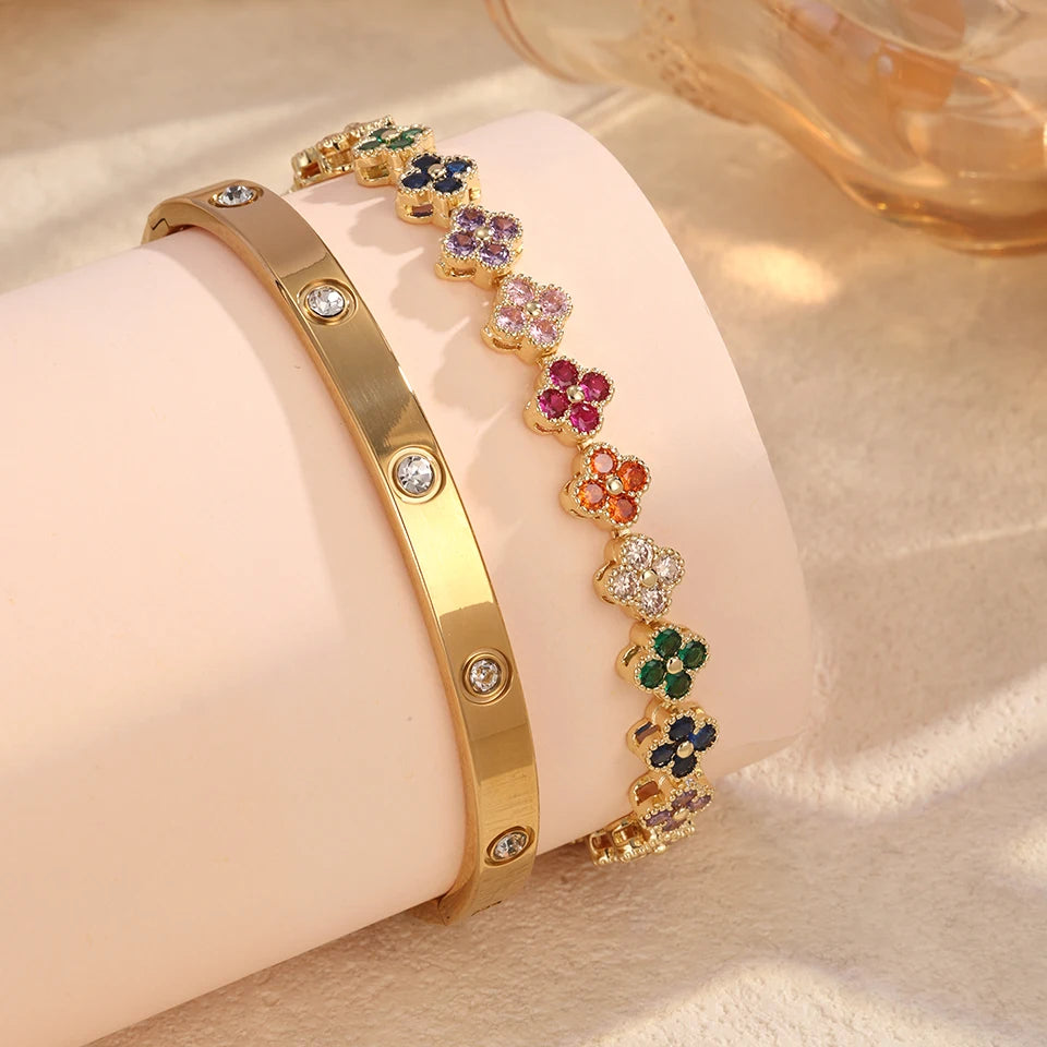 Colorful Shiny Zircon Five-leaf Flower Stacked Bracelet Bangles 18K Qme Gold A