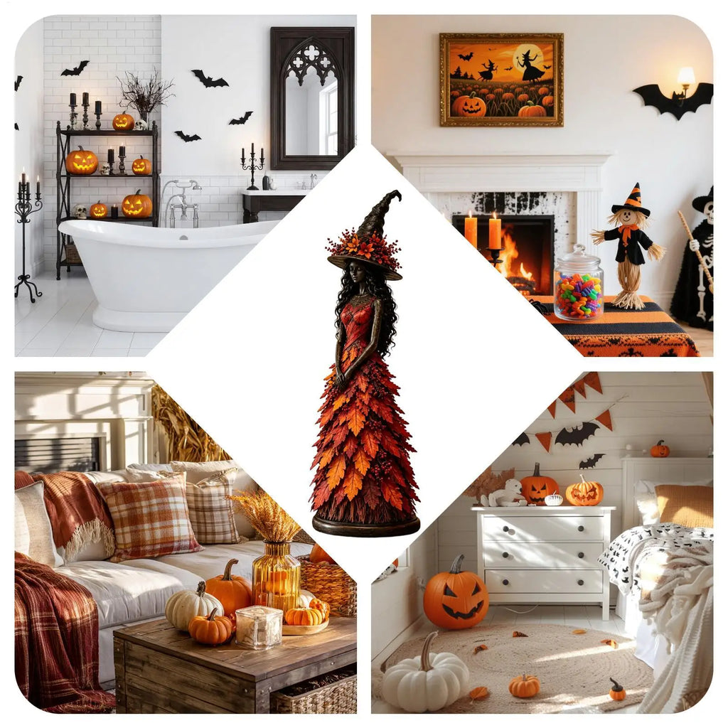 Halloween Witch Figurine Resin Seasonal Table Centerpiece Leaves Gown Qme