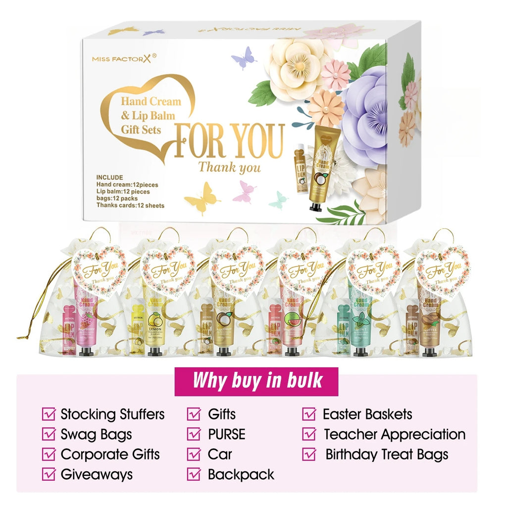 12 Hand gift Hand cream and lip balm set Friends Party Gift with love net bag and thank you card Holiday gift Qme