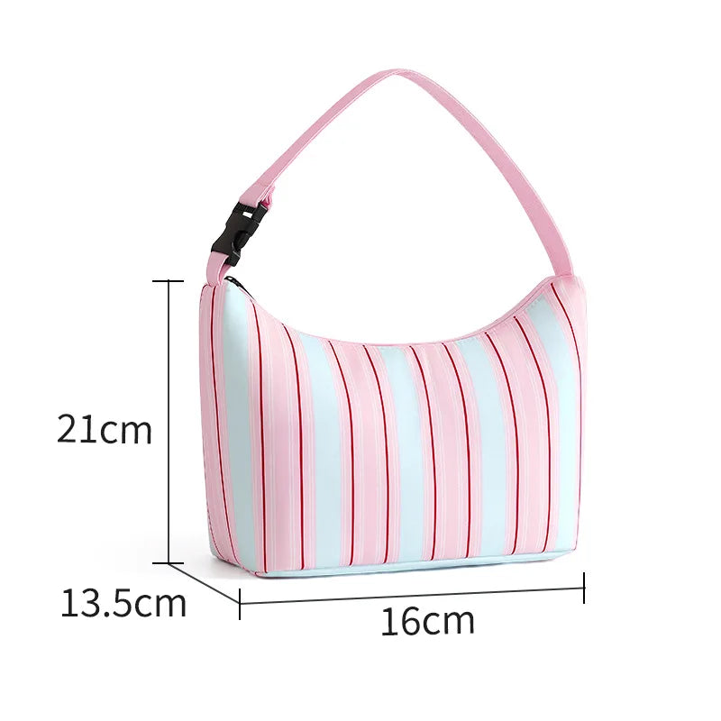 A Handheld Crossbody Striped Cooler Lunch Box Bag Lightweight Waterproof Reusable Bento Bag Outdoor Travel Picnic Food Carrier Qme Pink stripes