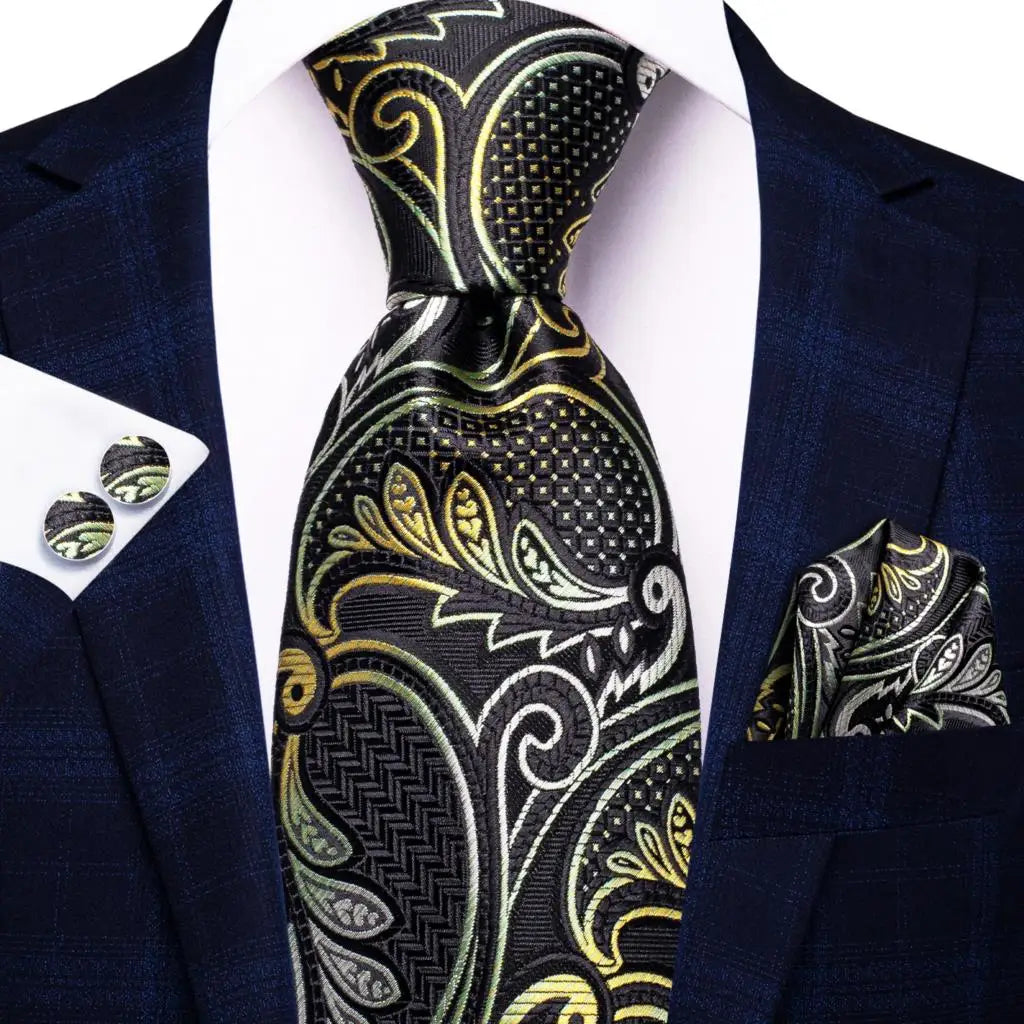 Hi-tie Men Fashion Paisley Sage Green Necktie Handkerchief Cufflinks Qme SN-3486