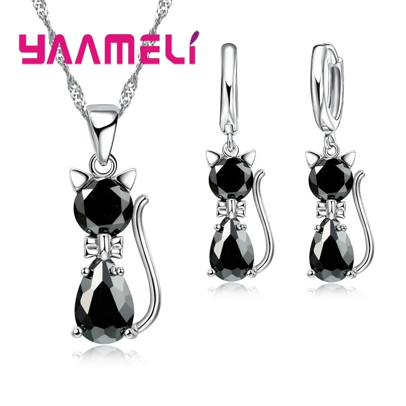 Real 925 Sterling Silver Color Jewelry Sets for Woman Girls Shining Austrian Crystal Cute Cat Pendant Necklace Huggie Earring Qme Black