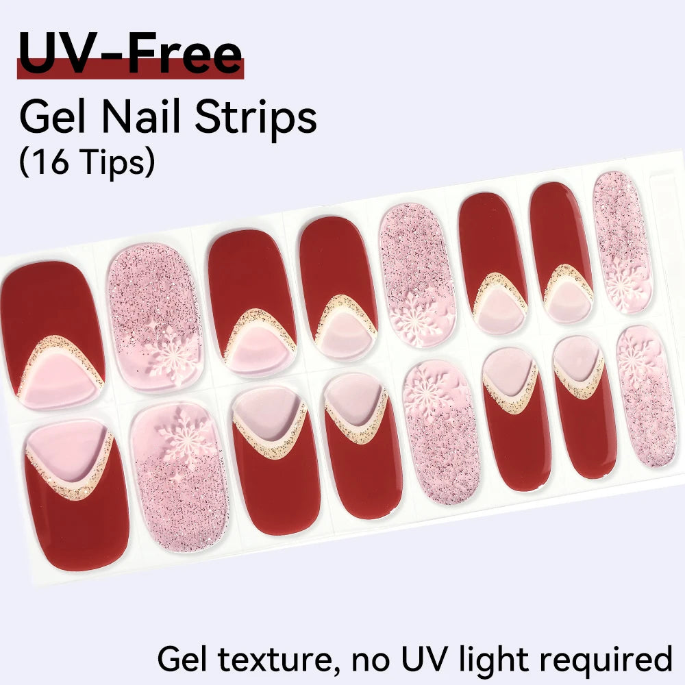 16Tips Pink Red French UV-Free Gel Nail Stickers Sparkly Shinning Qme CMK-0114