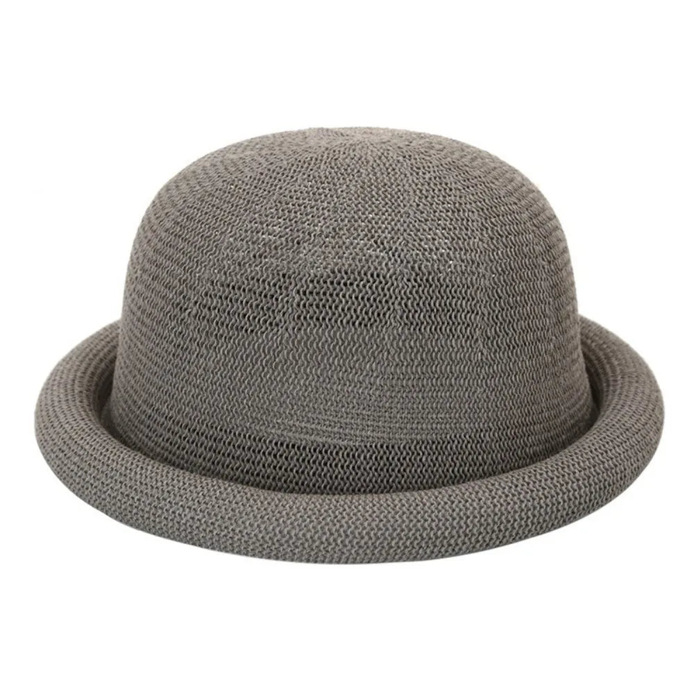 Casual Solid Bucket Hat Cotton Linen Rolled-brimmed Fedora Breathable Qme Grey