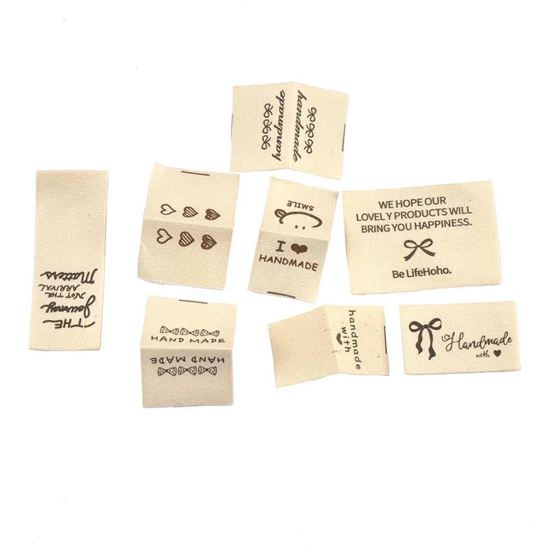 50pcs 19.5-44mm Random Mix Simple Beige Printed Labels For Clothing DIY Hats Bags Sewing Decorative Handmade Accessories C3782 Qme random mix