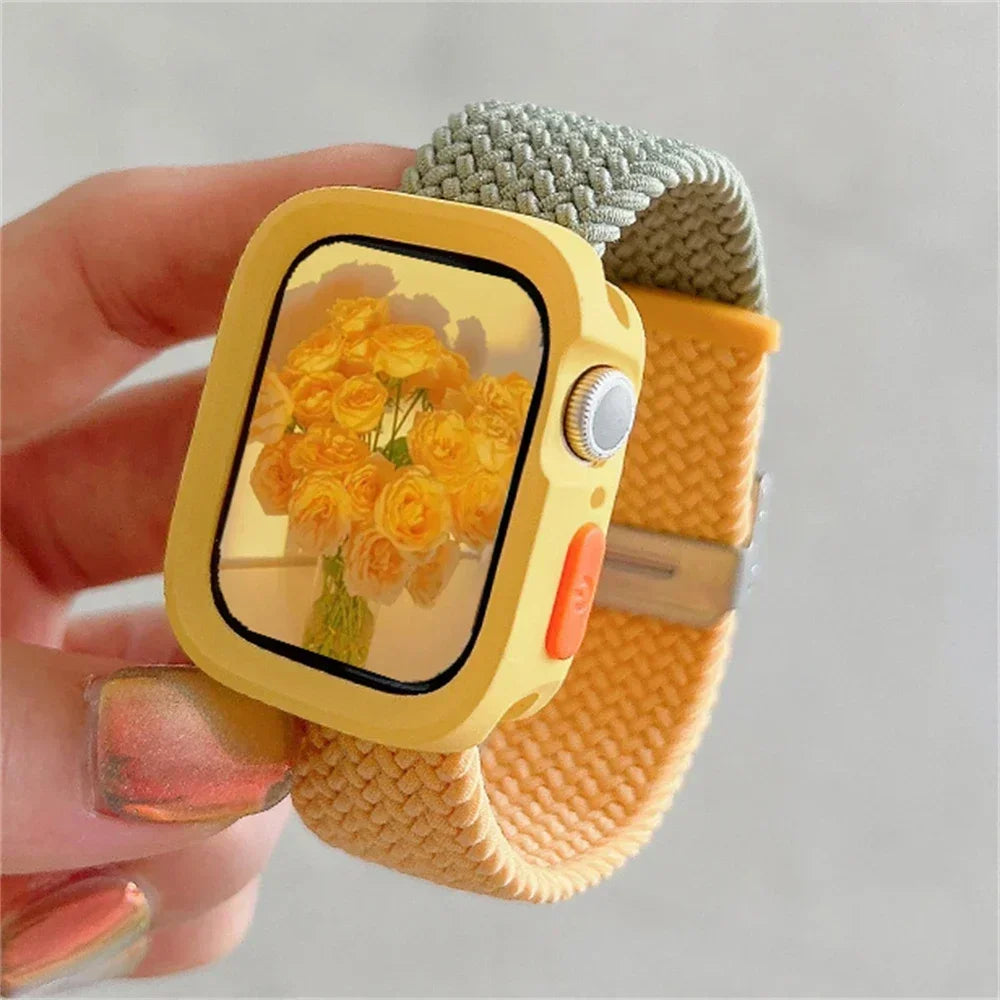 Candy Silicone Case+Strap For Apple Watch Series 9 8 7 45mm 41mm Band SE 6 5 4 44mm 40mm Nylon correa Strap iwatch Ultra 2 49mm Qme Yellow Green For Series456SE 40MM
