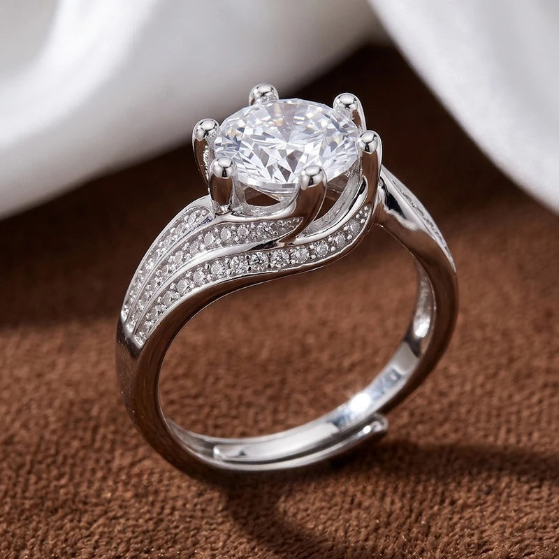 Twisted Split Shank 6 Prong Solitaire CZ Engagement Ring Adjustable Open Band Silver Tone Promise Wedding Ring for Women Qme