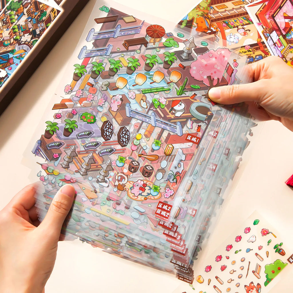 18 Sheets/Bag Chinese Classic Theme 8-Fold Miniature Diorama Scenery Stickers for DIY Scrapbooking Phone Case Decoration Craft Qme