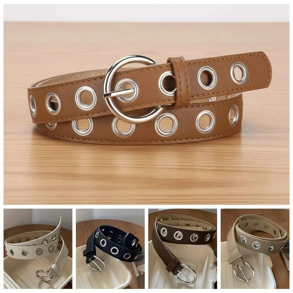 Adjustable Fashion Grommet Belt Durable Parallel Holes Punk Rock Waistband Universal Width Fit Polished Metallic Shine Qme