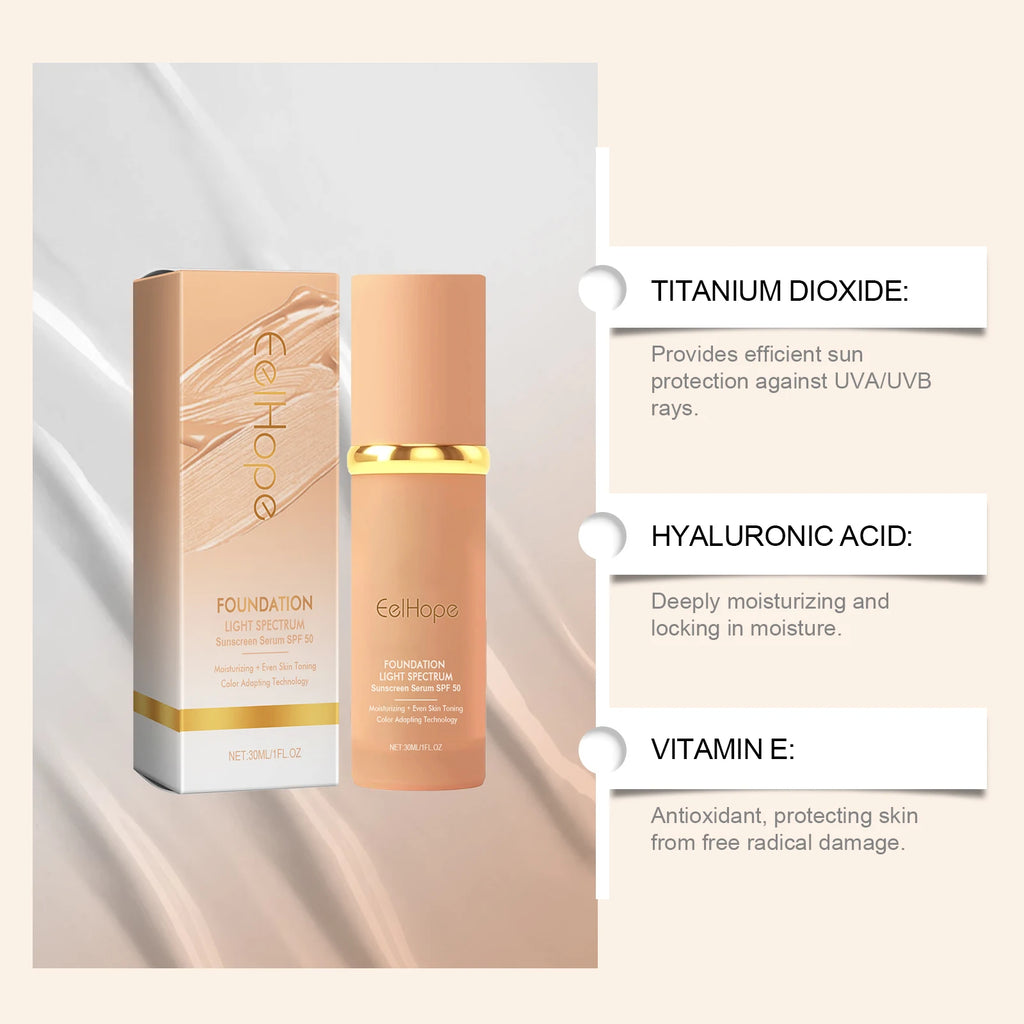 Color Changing Foundation Light Spectrum Sunscreen Serum SPF 50 Concealer Full Coverage Moisturizing Face Makeup Base Cosmetics Qme