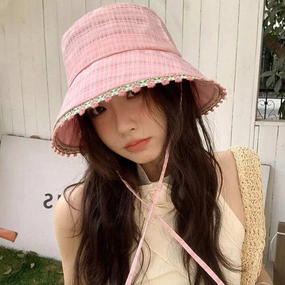 Fashion Lace Up Women Fisherman Hat Plaid Solid Color Summer Sun Hat Sun Protection Breathable Lace Flower Bucket Hat Camping Qme