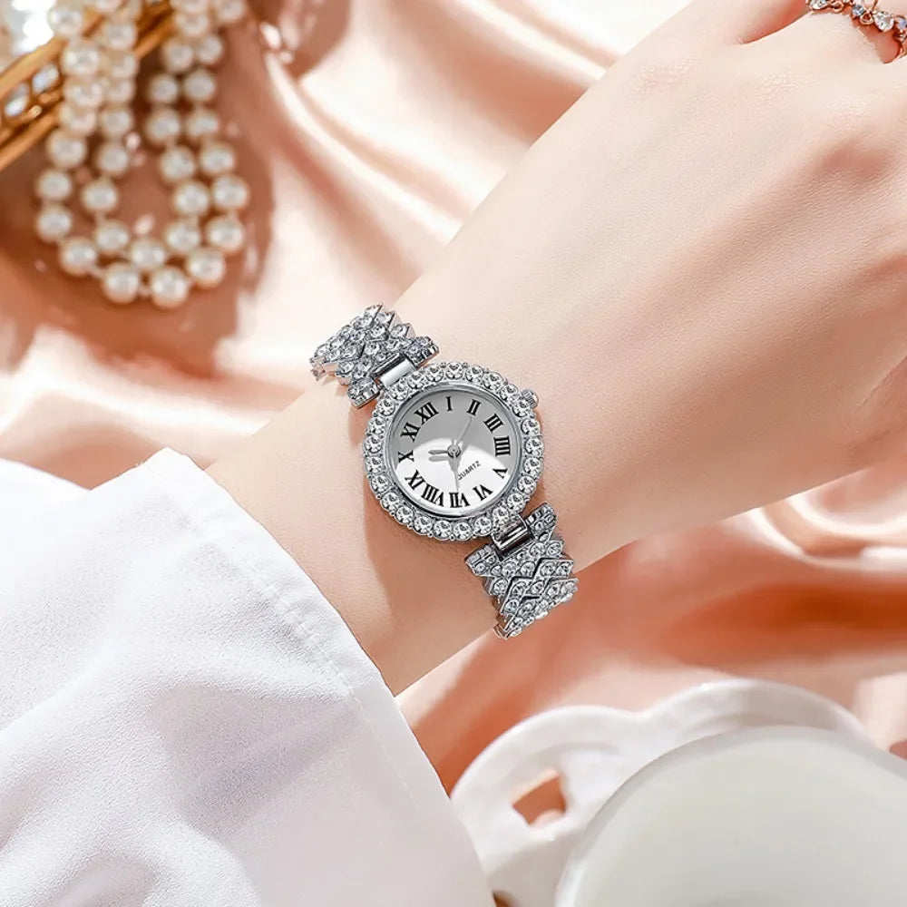 2026 5pcs Elegant Rhinestone Women Watches Fashion Roma Dial Bracelet Band Quartz Wristwatch Jewelry Set Reloj Mujer（Without Box Qme