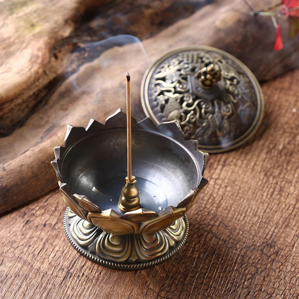 Lotus Flower Incense Burner Buddhism Buddha Holder Brass Mini Sandalwood Censer Incense Metal Craft Home Decoration Qme