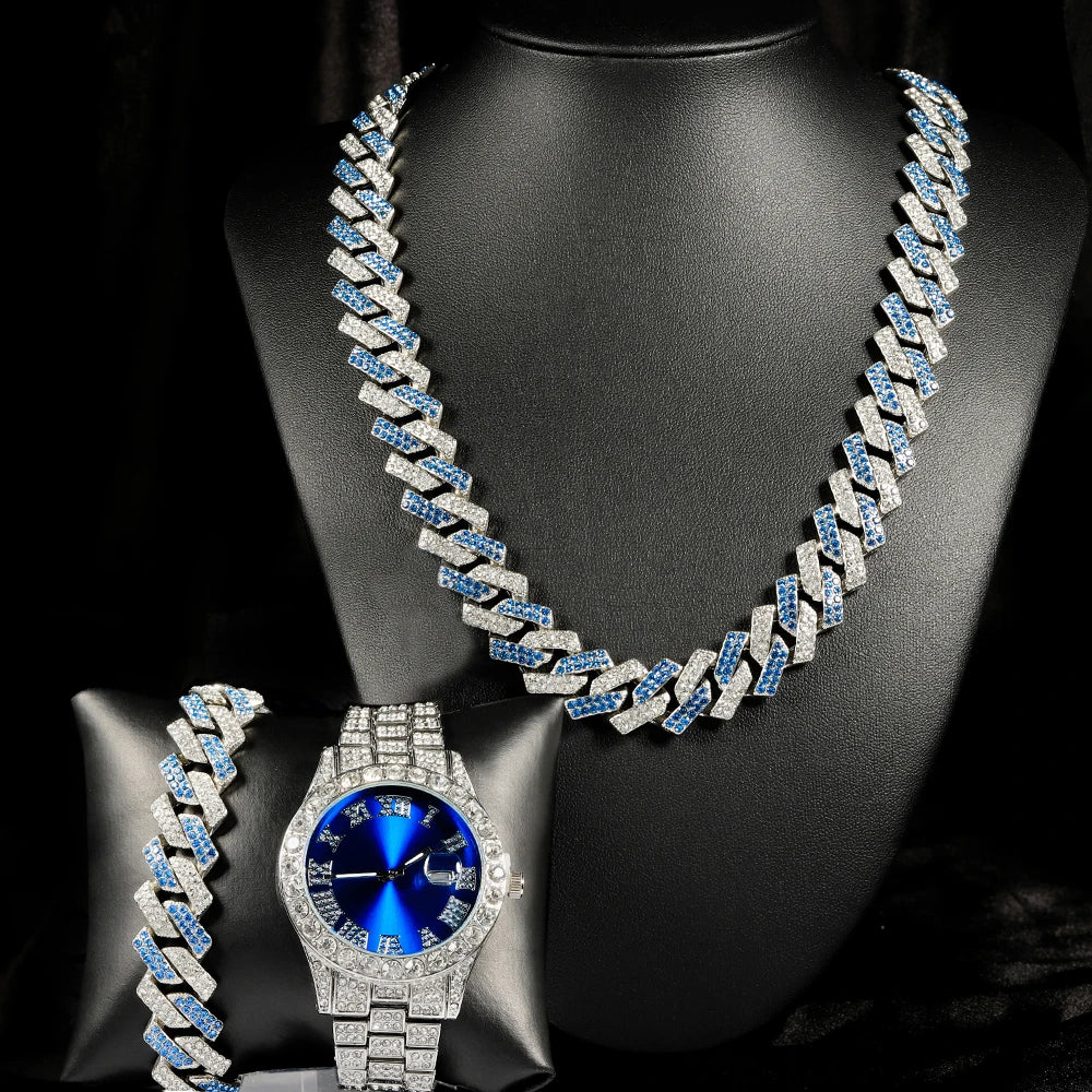 3pcs Hip-hop Watch Jewelry Set Iced Out Punk Blue&Silver Cuban Chain+Bracelet Inlay Diamond Watch For Men Women Trend Party Gift Qme Blue Set