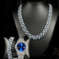3pcs Hip-hop Watch Jewelry Set Iced Out Punk Blue&Silver Cuban Chain+Bracelet Inlay Diamond Watch For Men Women Trend Party Gift Qme Blue Set
