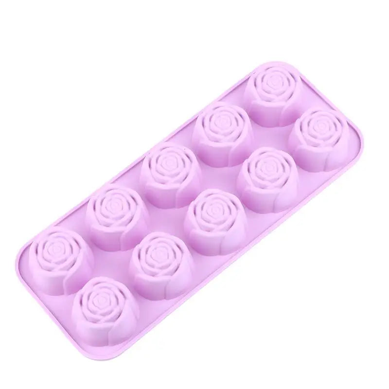 10-Cavity Silicone Rose Cake Mold Nonstick Reusable Baking Pan DIY Qme Purple