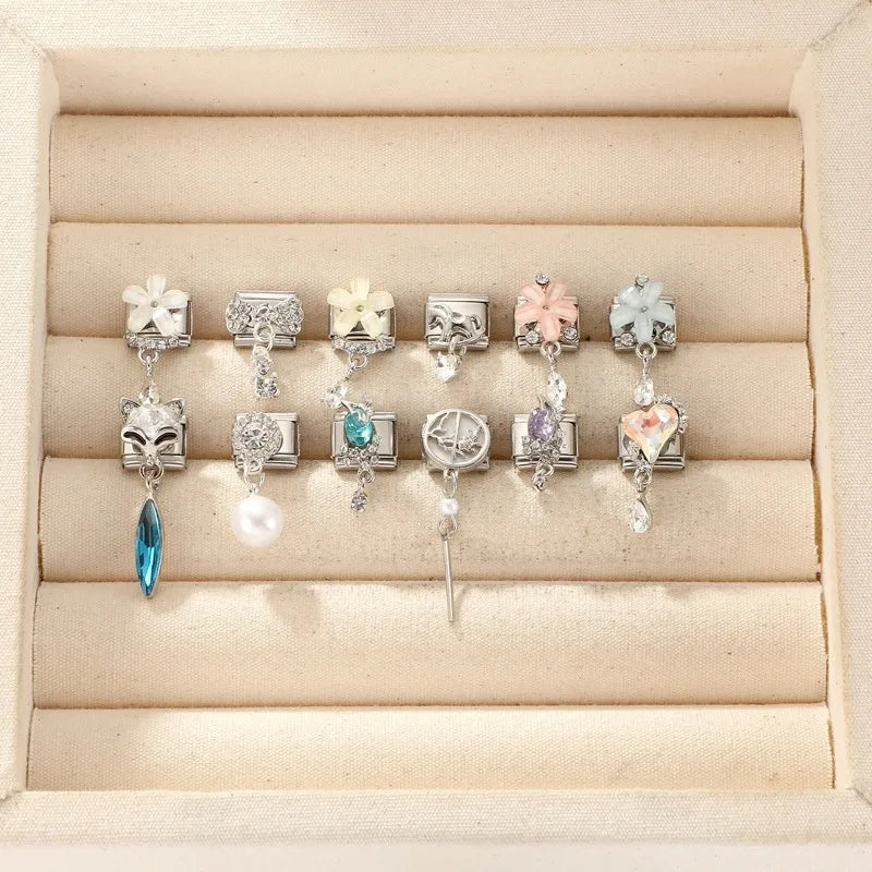 Shiny Colorful Heart Cats Bowknot Flower Zircon Water Drop Italian Charm Links Fit 9mm Stainless Steel Bracelet Women DIY Making Qme