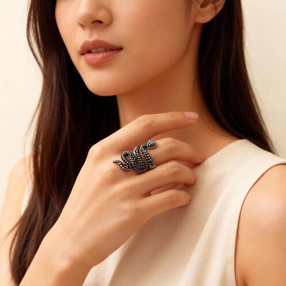 Open-end Black Snake Pave Ring,Europe Style Glam Fine Jewerly For Women Gift In 925 Sterling Silver Qme