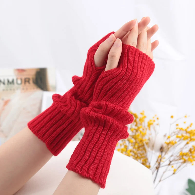 Long Fingerless Gloves Women Mitten Winter Arm Warmer Kawaii Knitted Qme Red one size