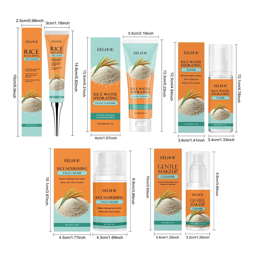Rice Skincare Set 5 IN1 Gentle Brightening Makeup Remover Makeup Remover Toner Face Cream Eye Cream Moisturizing Glowing Skin Qme 5 IN 1
