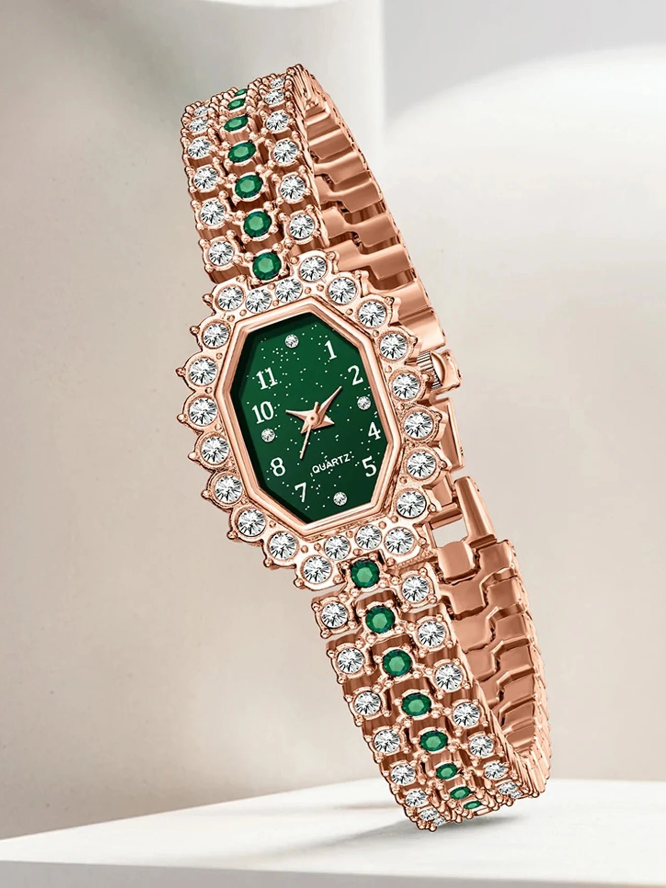5Pcs Luxury Emerald Crystal Watch Necklace Earrings Ring Bracelet Set Qme