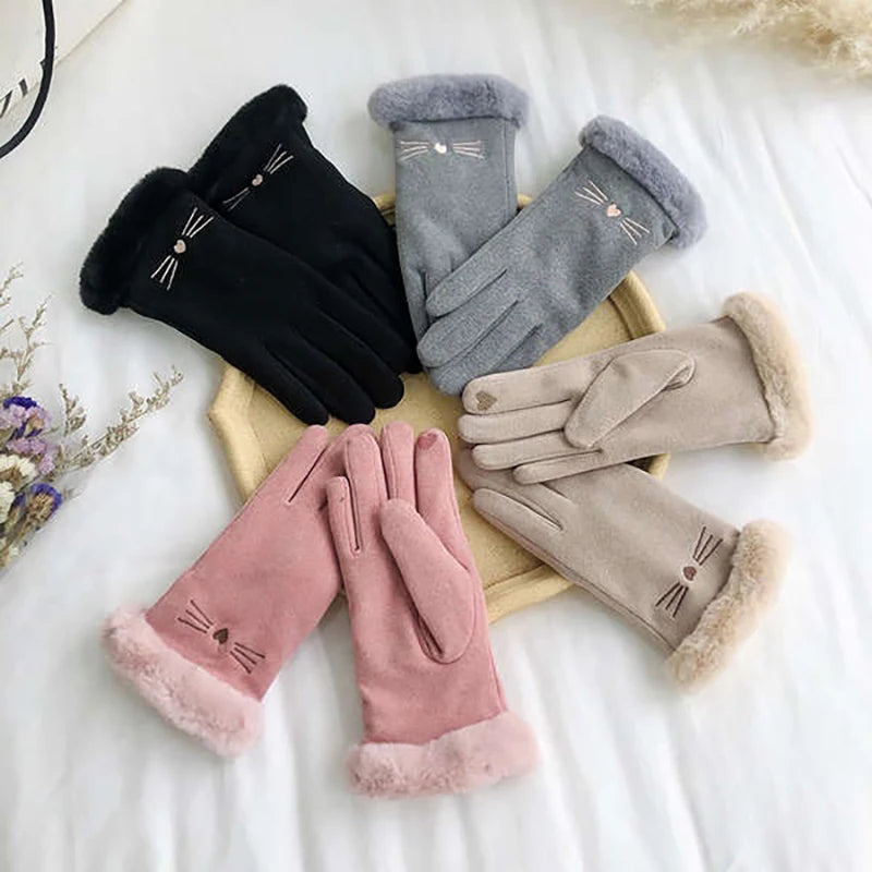 Autumn Winter Warm Suede Gloves Velvet Thickened Plush Decor Cuff Qme