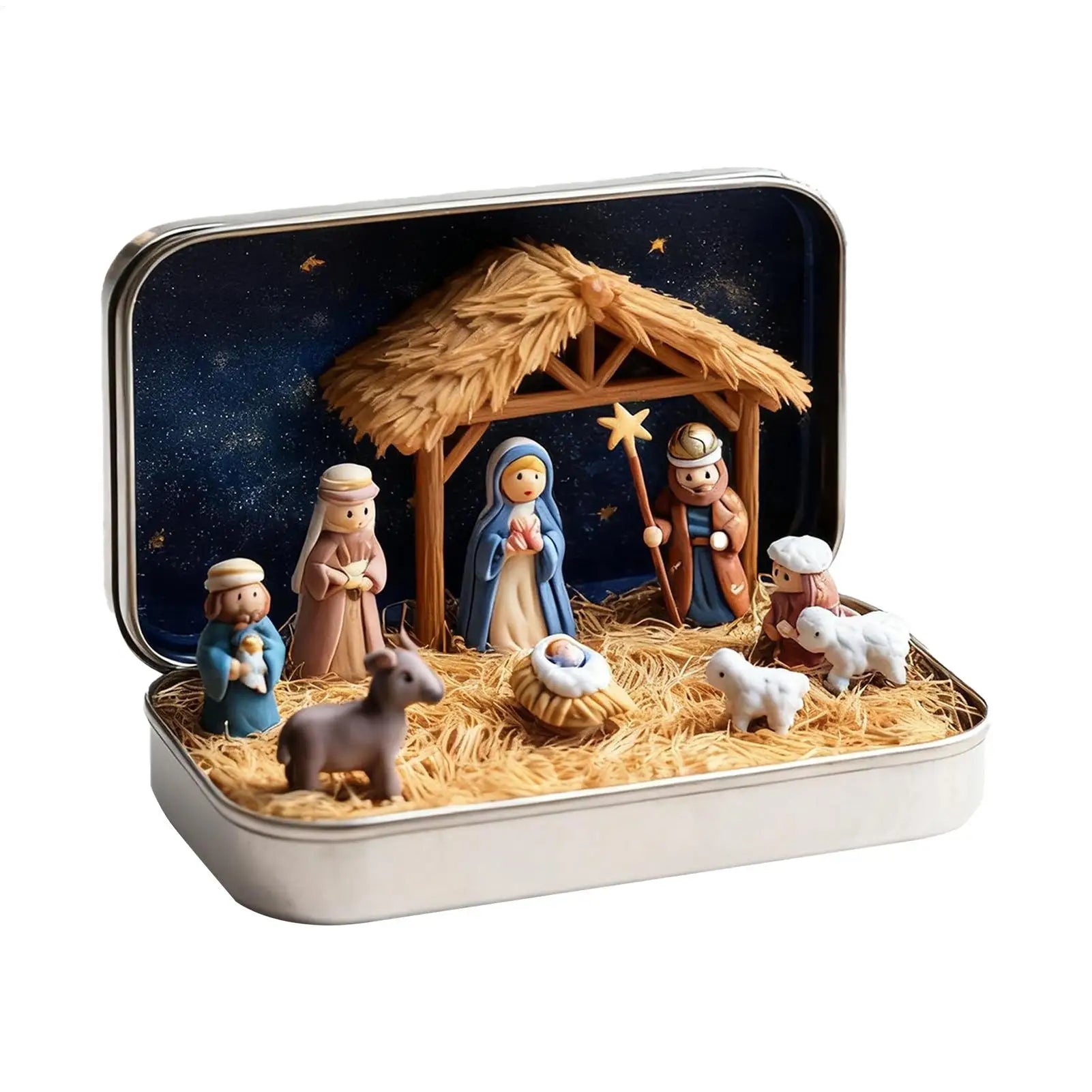 Miniature Nativity Tin Box Christmas Table Decoration Tabletop Qme Default Title
