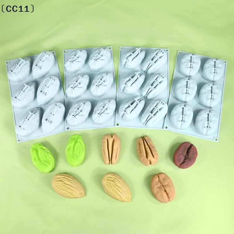 6-Cell Silicone Chocolate Mold Pistachios Pecan Coffee Bean Design Qme