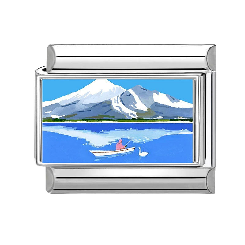 Fashion Colorful Scenery Boat Swan Lake Snow Mountain Charm Italian