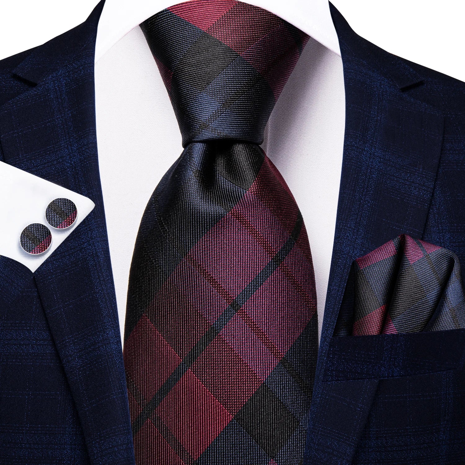 Hi-tie Fashion Black Plaid Dots Men's Elegant Tie Handkerchief