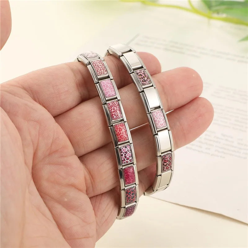 Fashion Pink Color Y2K Leopard Print Love Heart Butterfly Italian Charm Links Fit 9mm Stainless Steel Bracelet DIY Making Gifts Qme