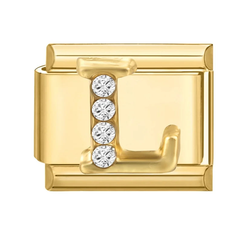 Wholesale Shiny CZ 26 Letters A-Z Gold Color Italian Charms Gold Plated 9mm Stainless Steel Modular Bracelet DIY Jewelry Gift Qme L
