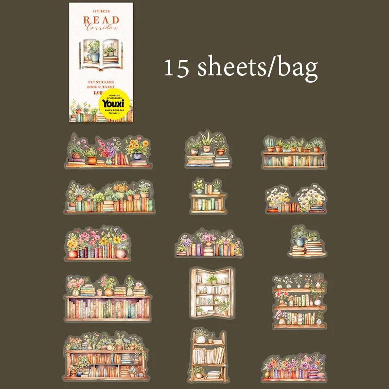 15 Sheets/Bag Book Scene Stickers for Creative Scrapbook, Clipbook, Office Stationery, Planner, Phone Cases, Decorative Gift Qme 4