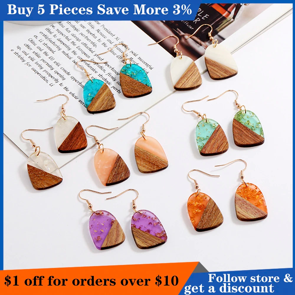 Creative Vintage Resin Splicing Wood Personality Earrings Personality Charm For Women Girls Wedding Christmas Party Gift Qme