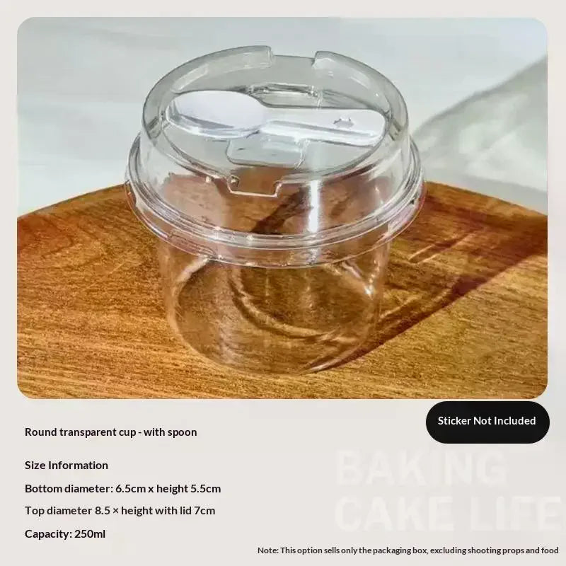 10Pcs Transparent Round Pudding Cups Reusable Party Cups With Lids And Spoons Novelty Mugs Mousse Cake Boxes Yogurt Cups Qme
