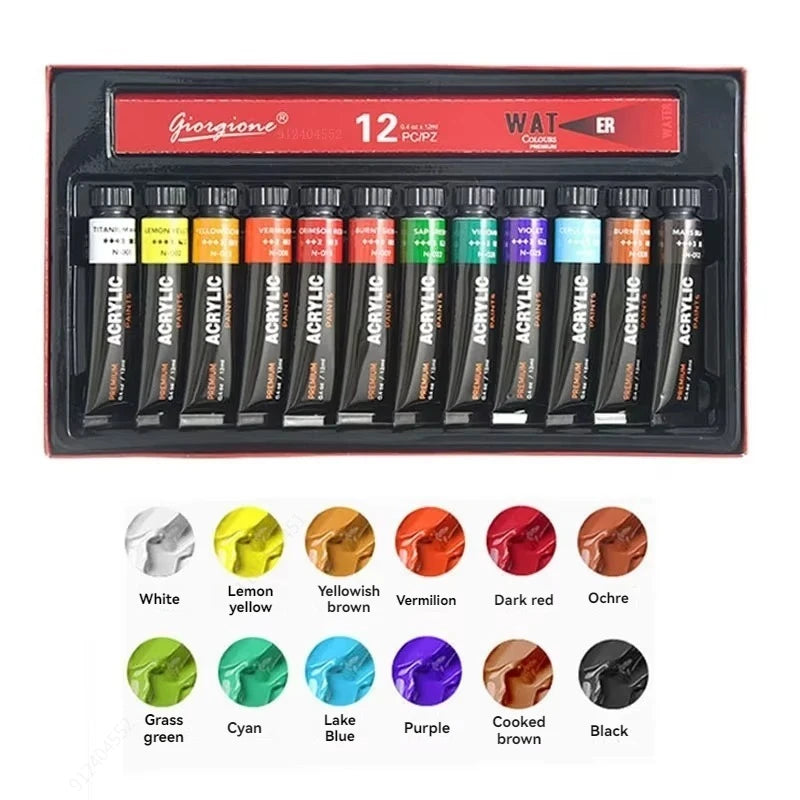 Acrylic Paint Set 12/24/30 Colours 12ml, Perfect for Canvas, Wood, Fabric, Leather, Cardboard, Paper, MDF And Crafts Qme 12 colors